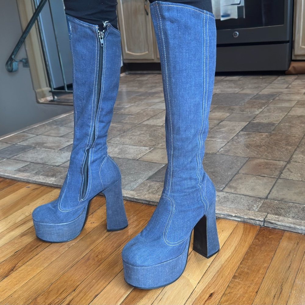 Vintage 1969 Platform Denim Knee-High Boots from London size 8 1/2 - Picture 2 of 12